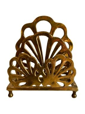 Vintage Brass Scallop Mail Napkin Holder Organizer